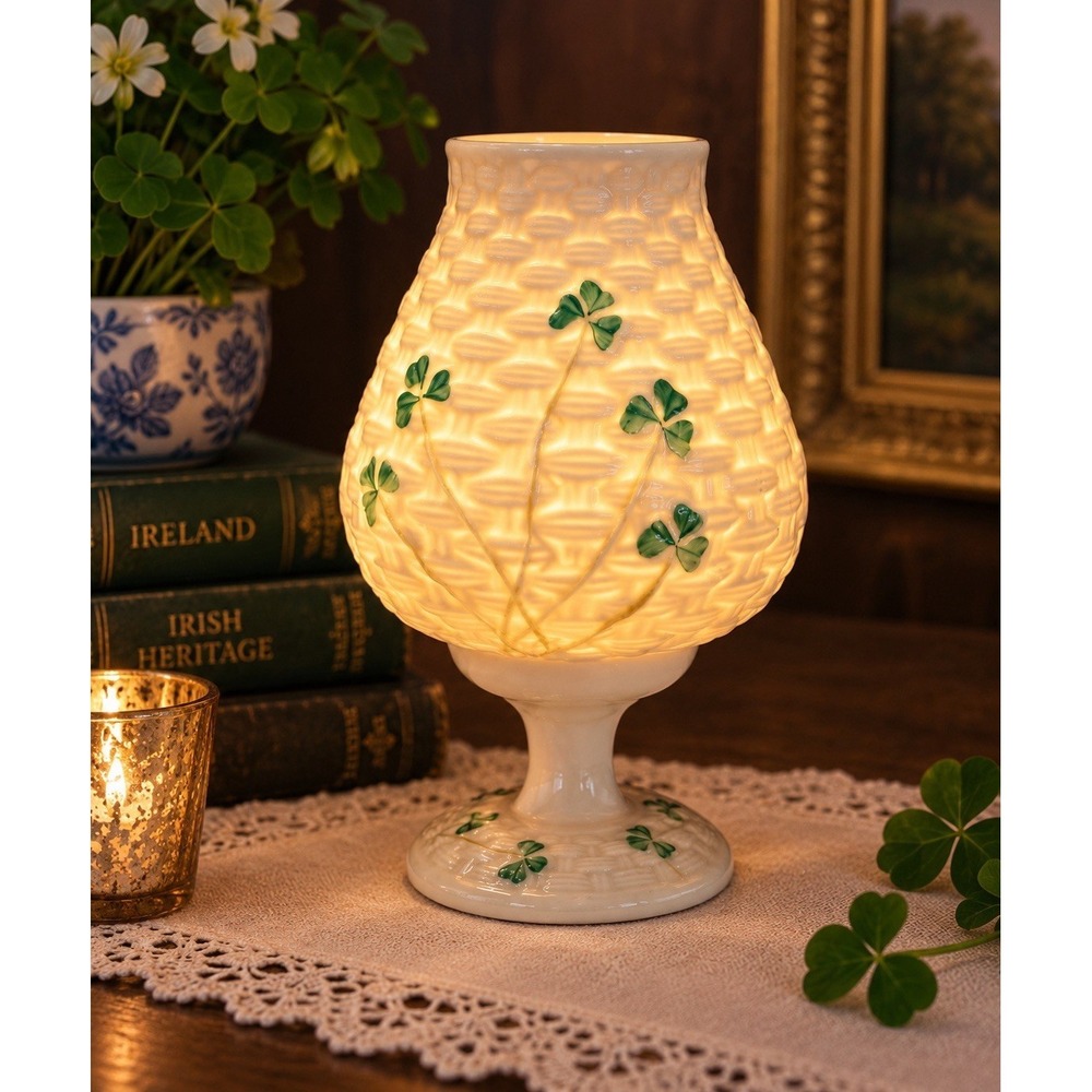 Belleek Ireland Shamrock Basketweave Hurricane Candle Fairy Lamp Vintage 7"